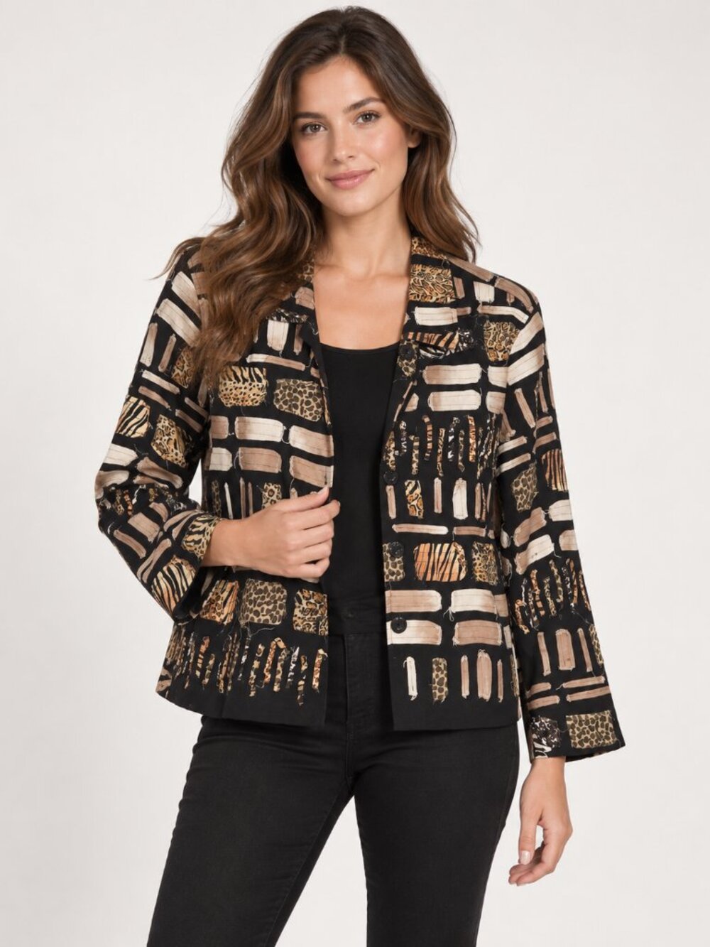 New Direction M Animal Print Patchwork Cotton Jacket Art to Wear Boho Y2K